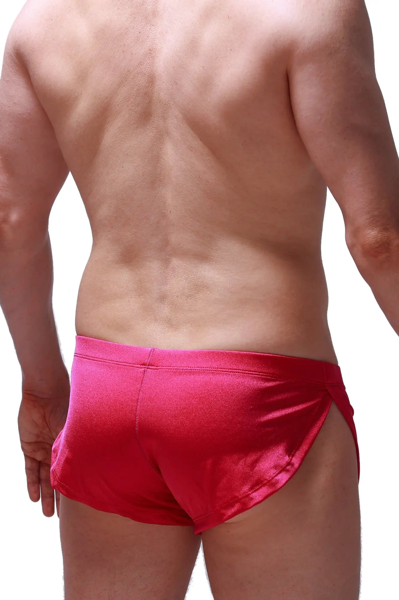 Bright red satin running shorts joe framboise with a sleek shiny finish and side slits for comfort and mobility