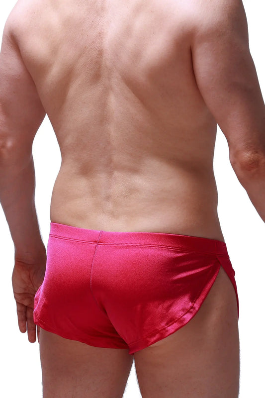 Bright red satin running shorts joe framboise with a sleek shiny finish and side slits for comfort and mobility