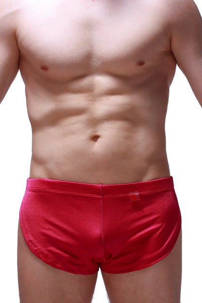 Running shorts joe framboise red satin briefs with smooth shiny finish and small red tag on waistband