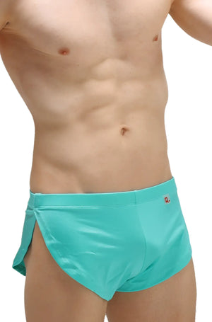 Turquoise running shorts joe green with side slit and small red logo on waistband designed for active use