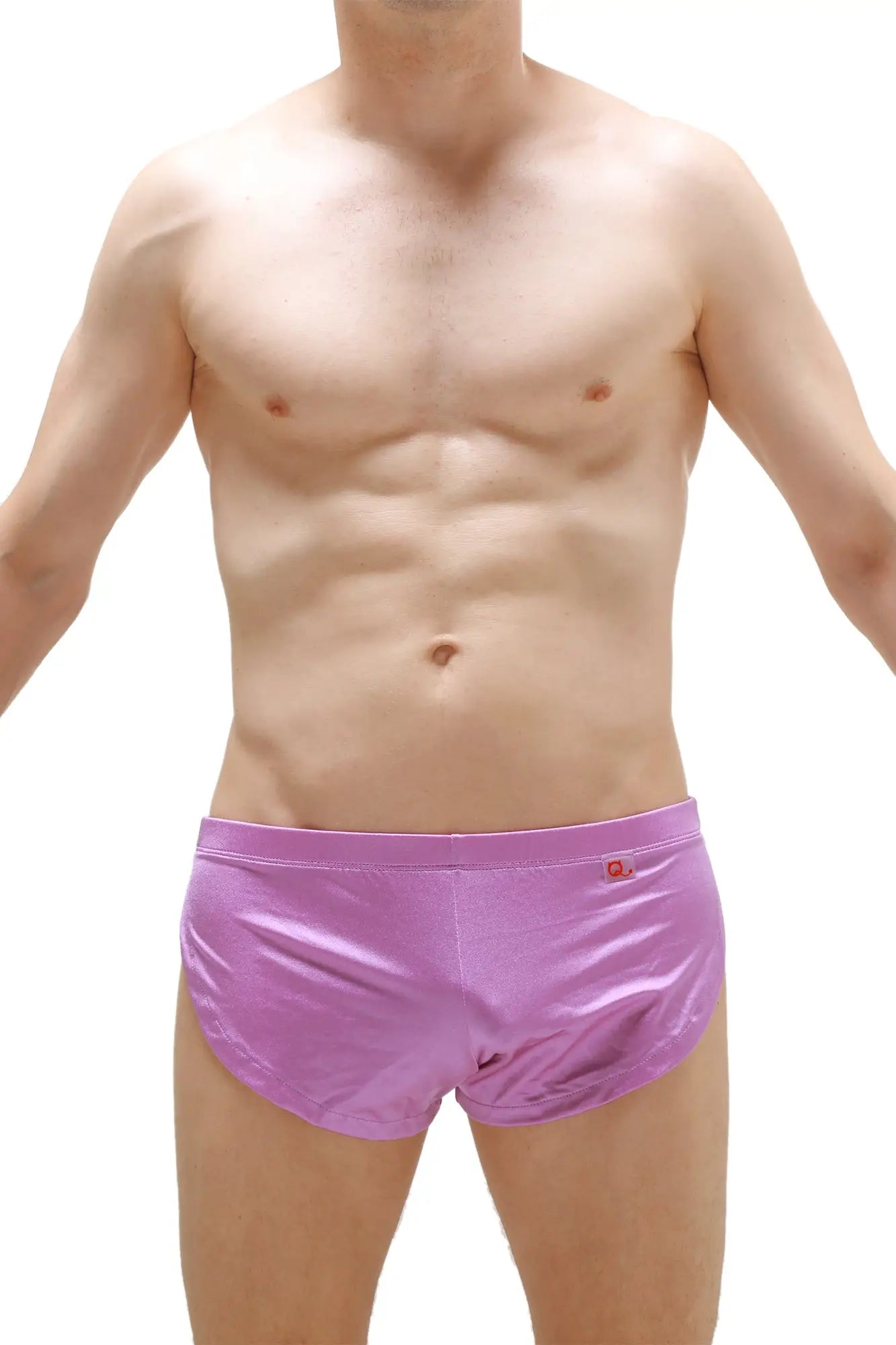 Purple satin running shorts joe purple with small red logo on waistband shown from front side