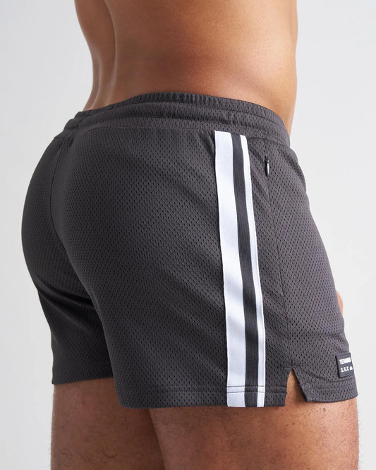 Dark gray s.s.c. fraternity 3 mesh shorts with bold white side stripes and black brand tag at the hem