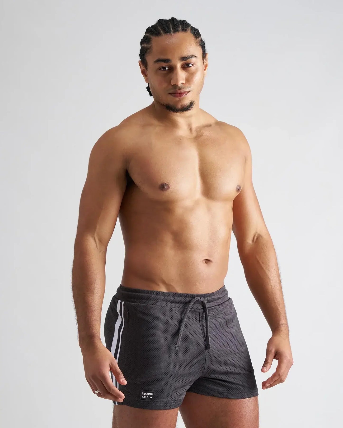 Dark gray s s c fraternity 3 inch mesh athletic shorts with white side stripes and drawstring waistband
