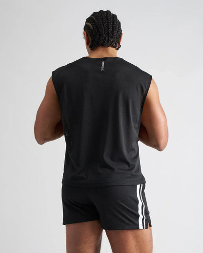 Black mesh sleeveless s.s.c. mesh muscle tank showing back with subtle vertical logo on breathable athletic top