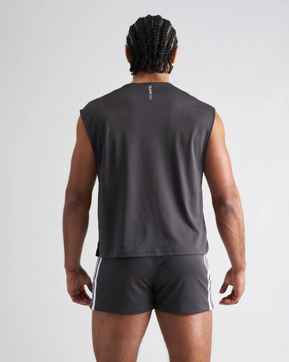 Dark gray mesh sleeveless s.s.c. muscle tank showing the back with a subtle vertical logo on the mesh fabric