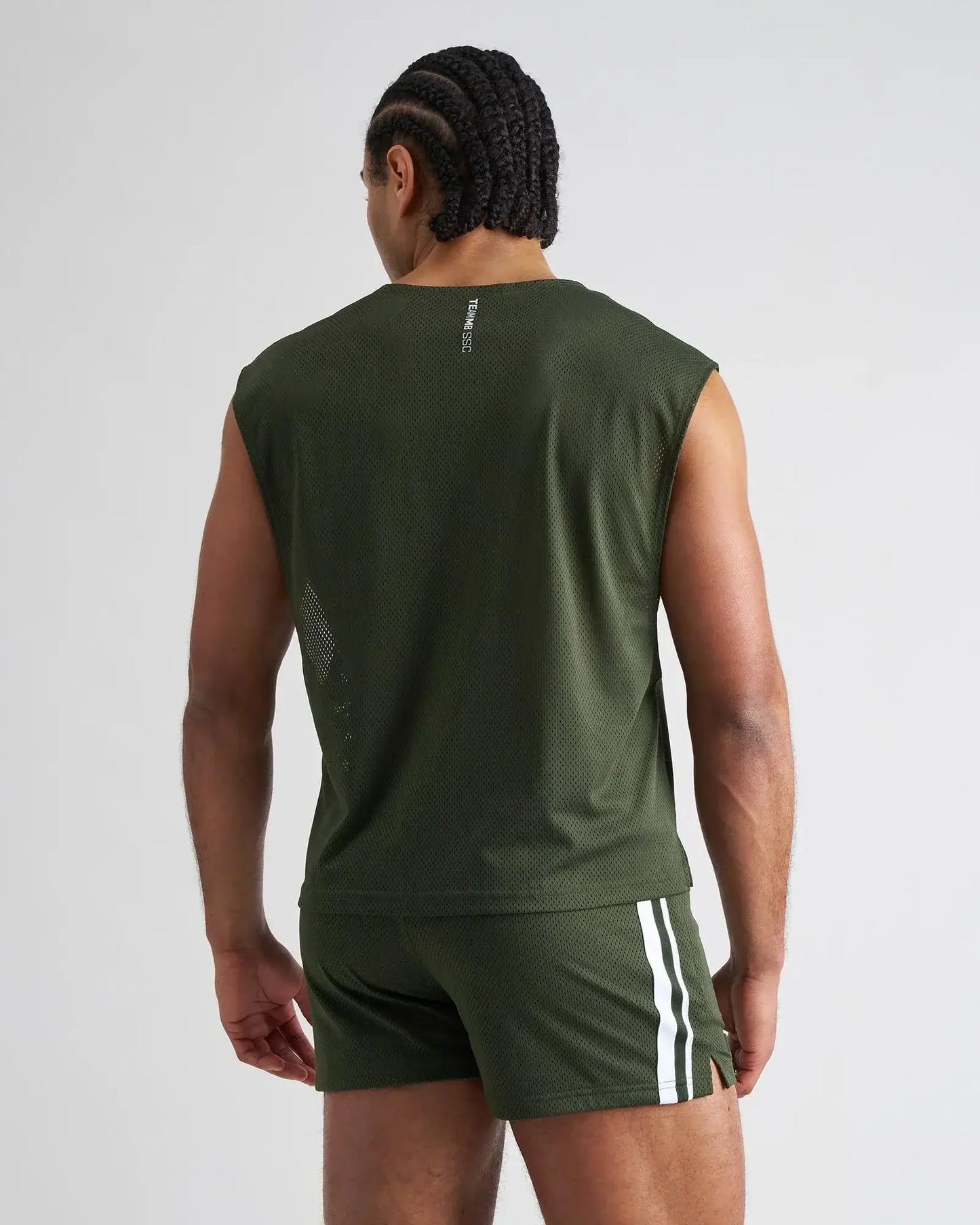 Olive green mesh sleeveless athletic top ssc mesh muscle tank with white vertical stripe detail on back and side seam