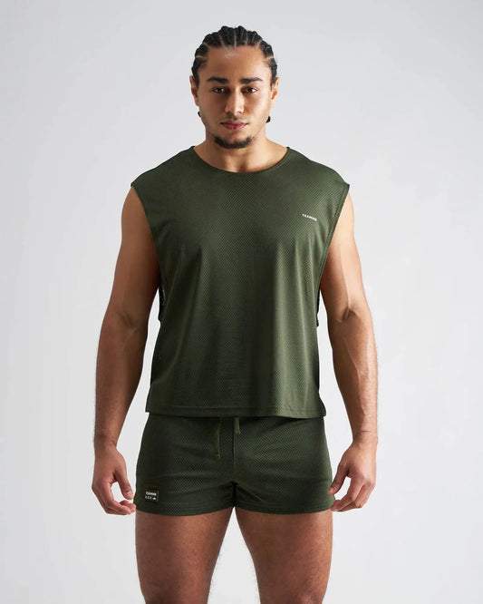 Olive green sleeveless mesh athletic top s.s.c. mesh muscle tank designed for breathability and active wear