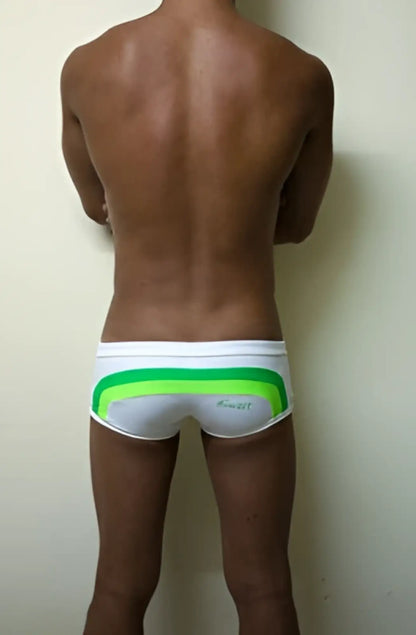 White briefs swimwear by s by slot featuring lime green and teal waistband stripes with a subtle logo size s