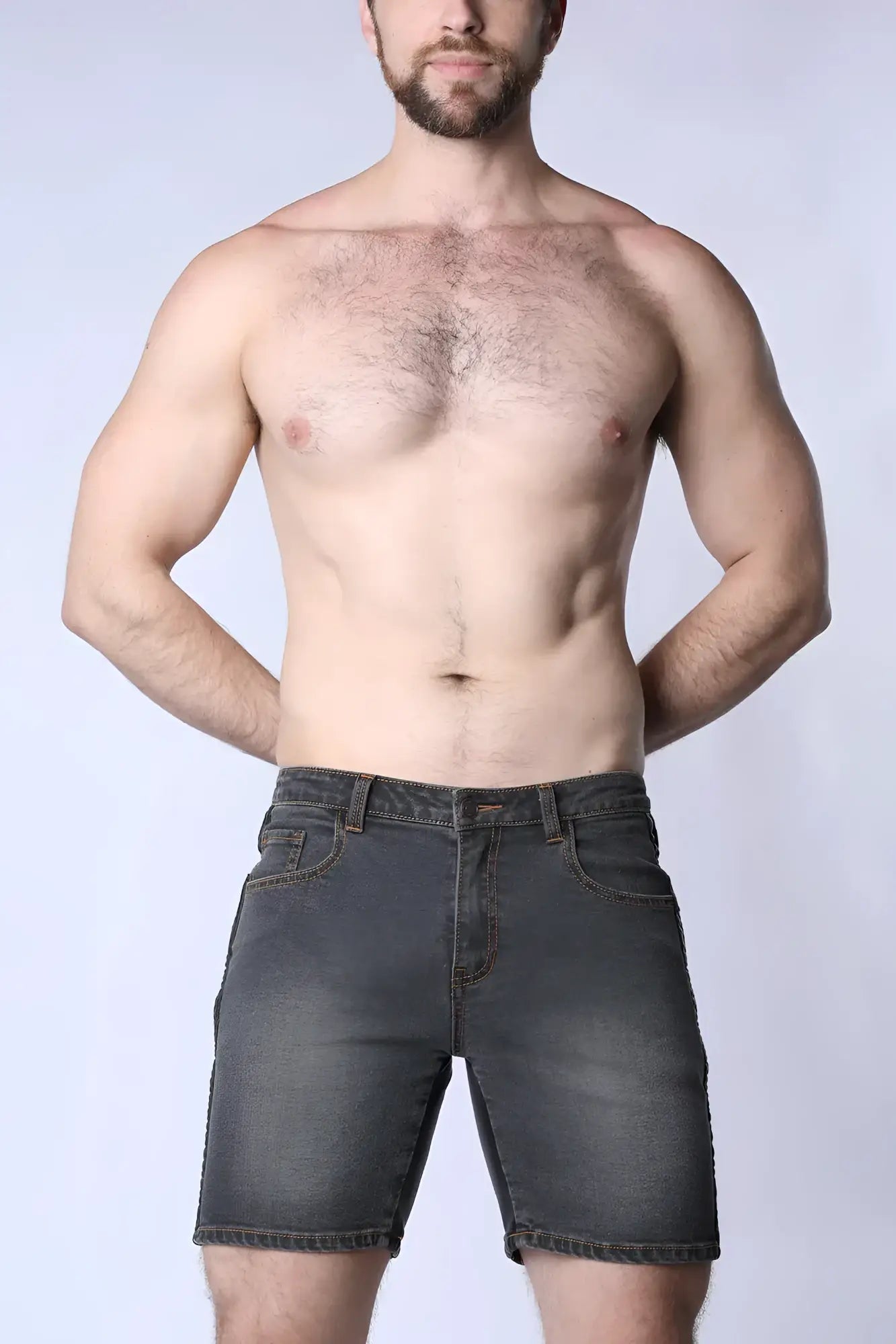 Saddleback denim short dark-wash denim shorts with classic five-pocket design and stitched hem for casual wear