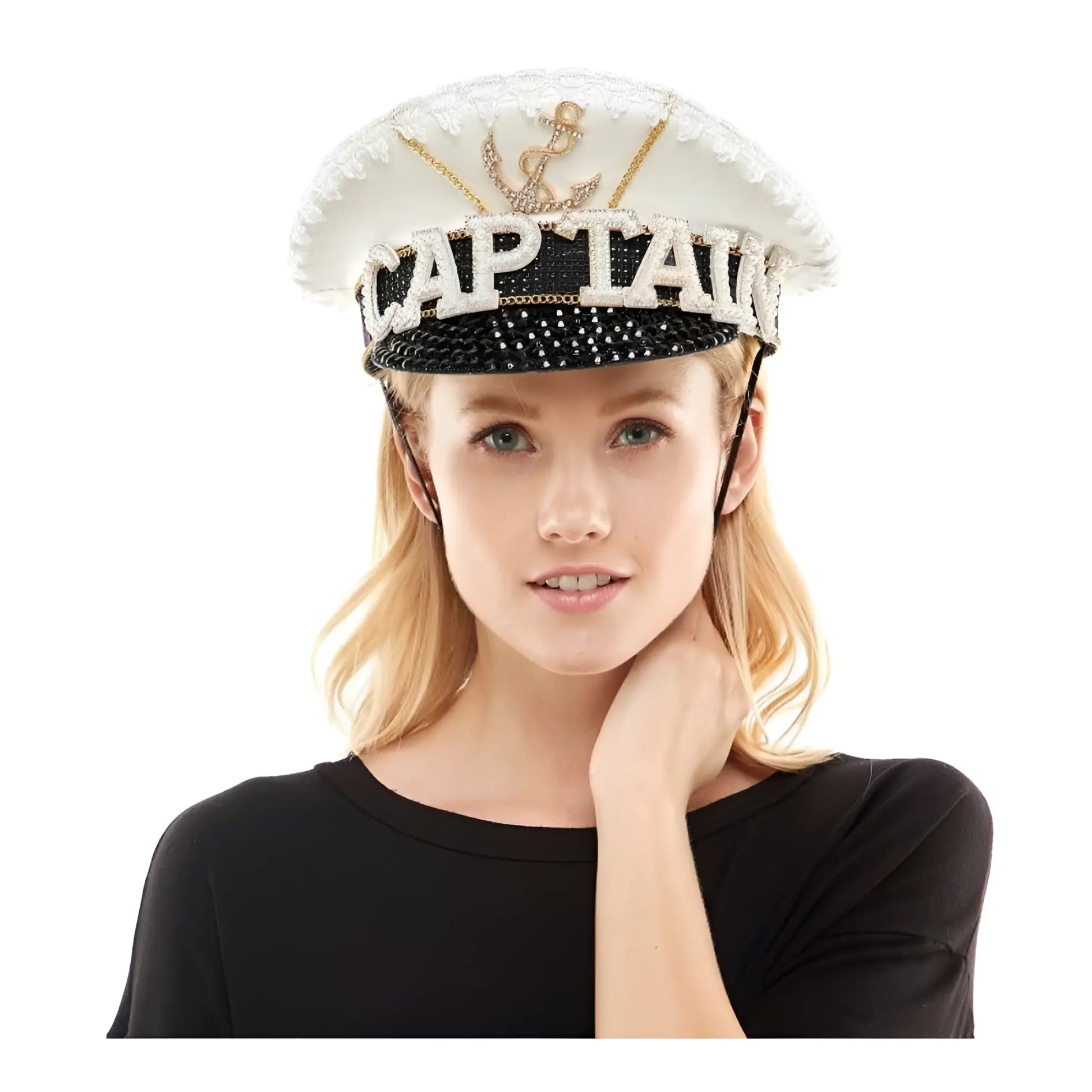 White and black sailor captain hat with sparkling rhinestones anchor emblem and bold captain lettering