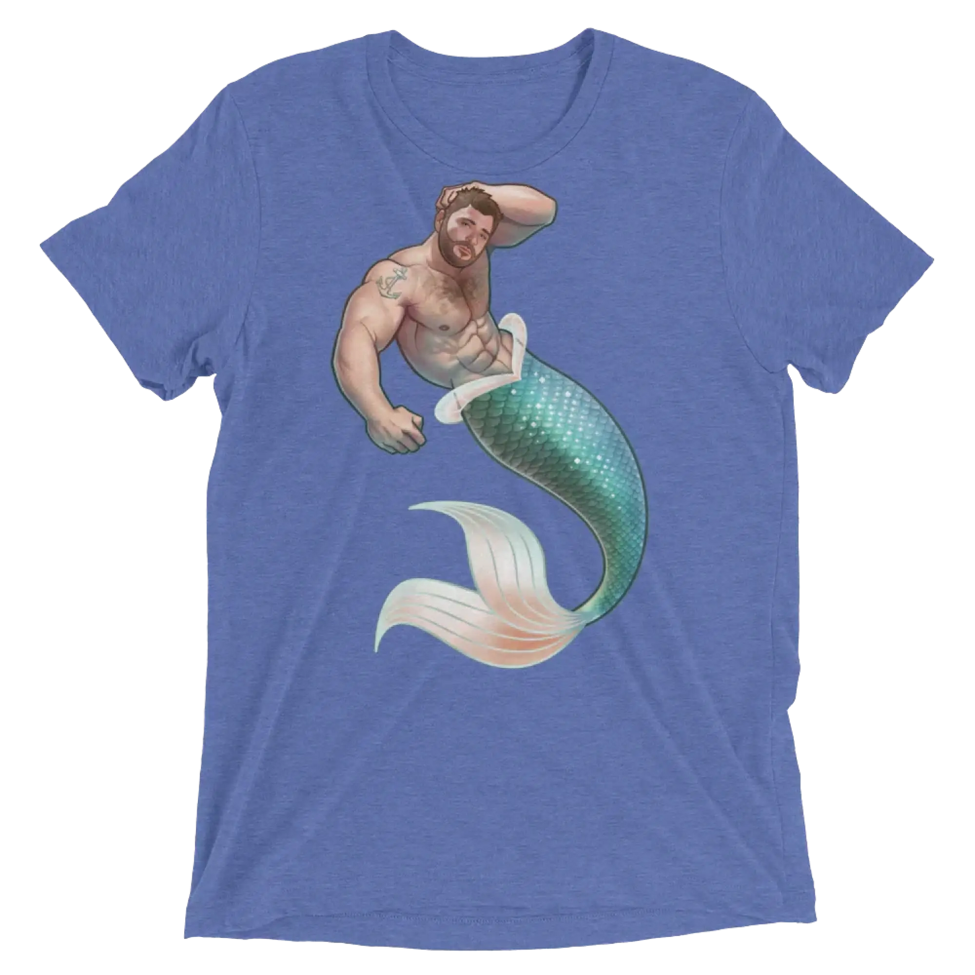Blue heathered t-shirt featuring a muscular bearded merman with teal and white scaled tail from salt of the sea design