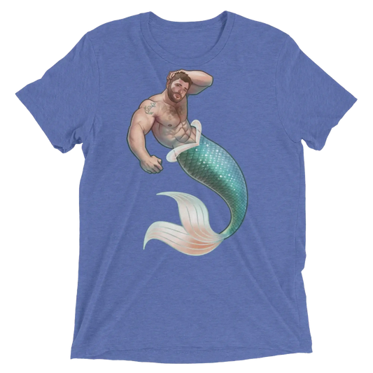 Blue heathered t-shirt featuring a muscular bearded merman with teal and white scaled tail from salt of the sea design