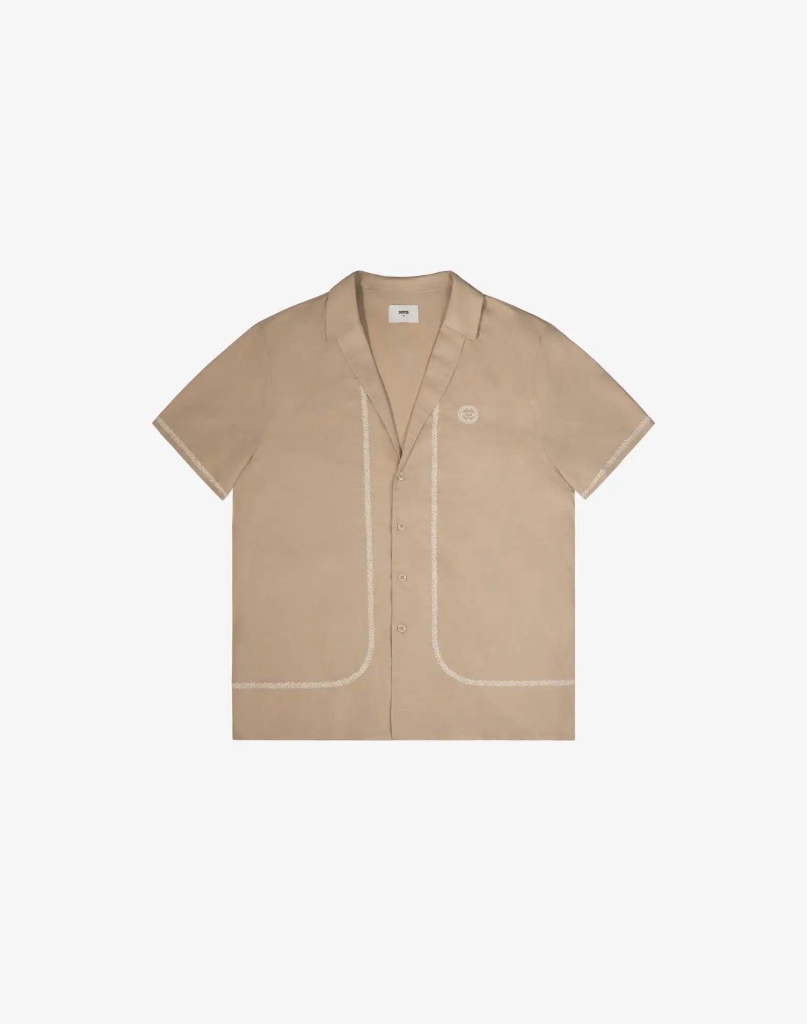 Beige santorini linen shirt with short sleeves button-up front contrasting stitching and small embroidered logo on left chest
