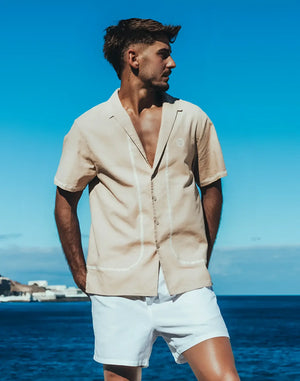Santorini linen shirt beige short-sleeved button-up with white stitching details for casual wear