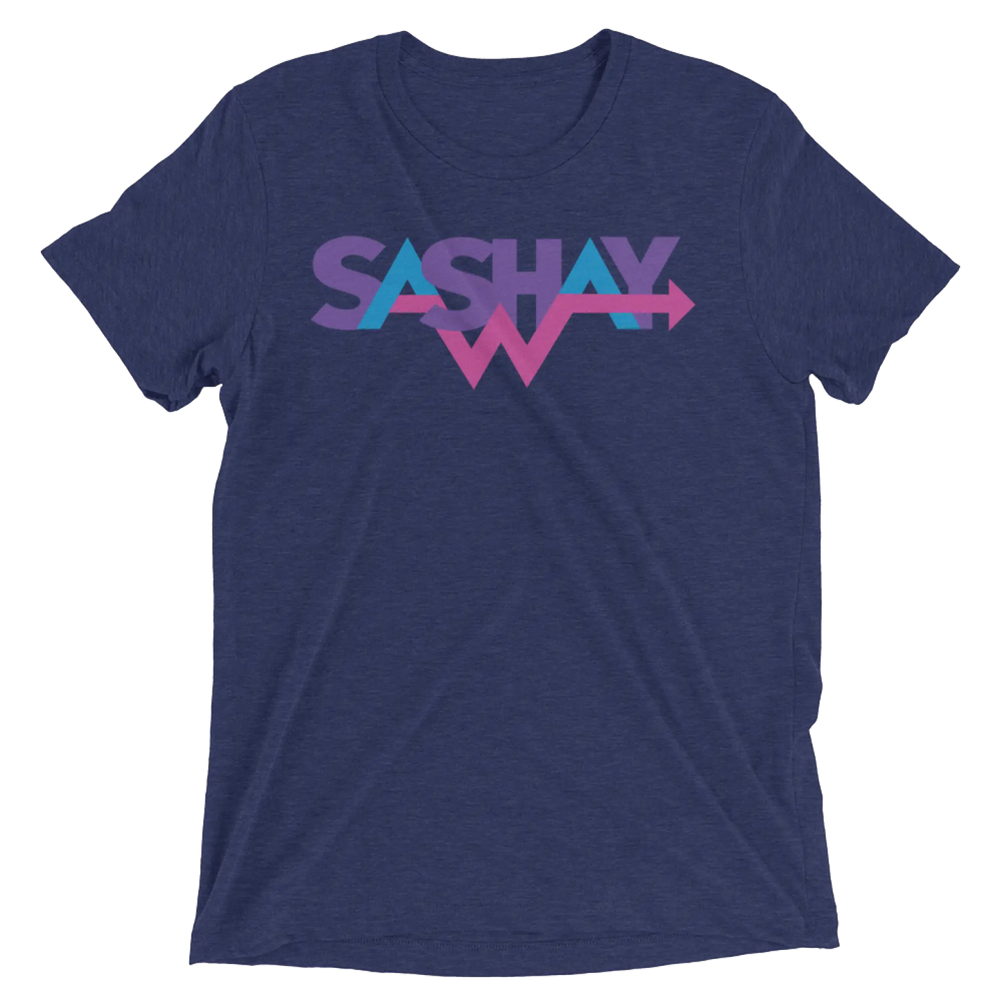Navy blue heathered cotton t-shirt featuring a vibrant multi-colored sashay graphic with gradient purple and pink lettering