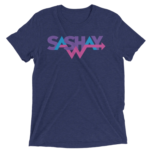 Navy blue heathered cotton t-shirt featuring a vibrant multi-colored sashay graphic with gradient purple and pink lettering