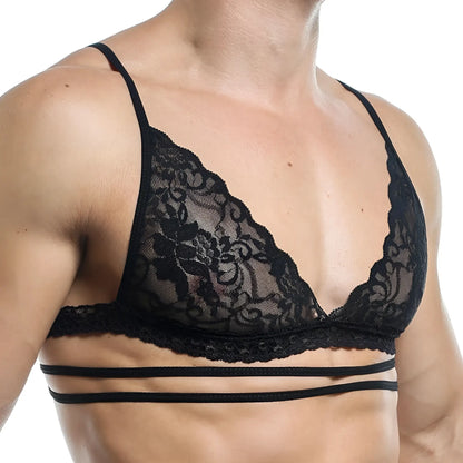 Black lace triangle bra with delicate floral patterns and thin straps from secret male sma011 tops and bras collection