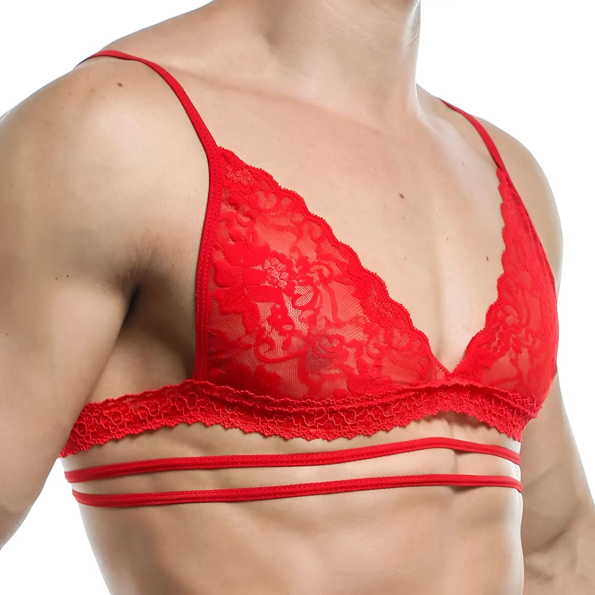 Red lace triangle bra with thin straps and bandeau style from secret male sma011 tops and bras collection