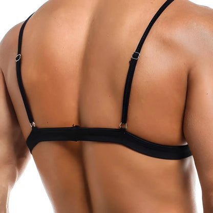 Black bra with thin straps and adjustable metal clasps shown from the back in secret male sma012 tank tops product image