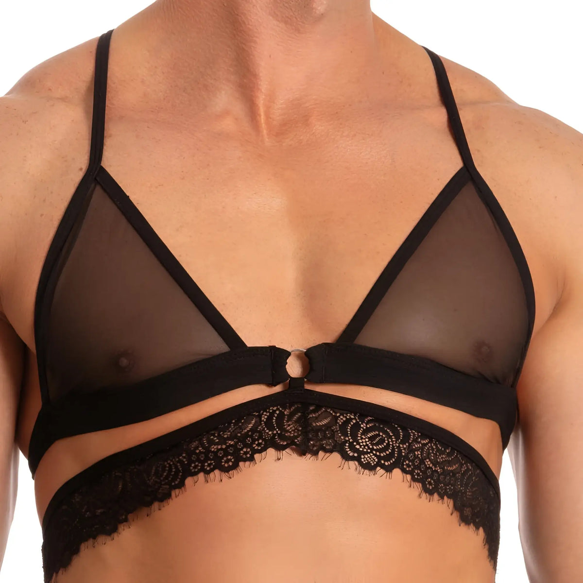 Black sheer mesh bra with delicate lace trim and thin straps from secret male SMA017 tops and bras collection