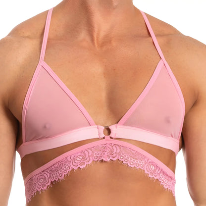Pink mesh triangle bra with lace trim and satin band from secret male sma017 tops and bras collection