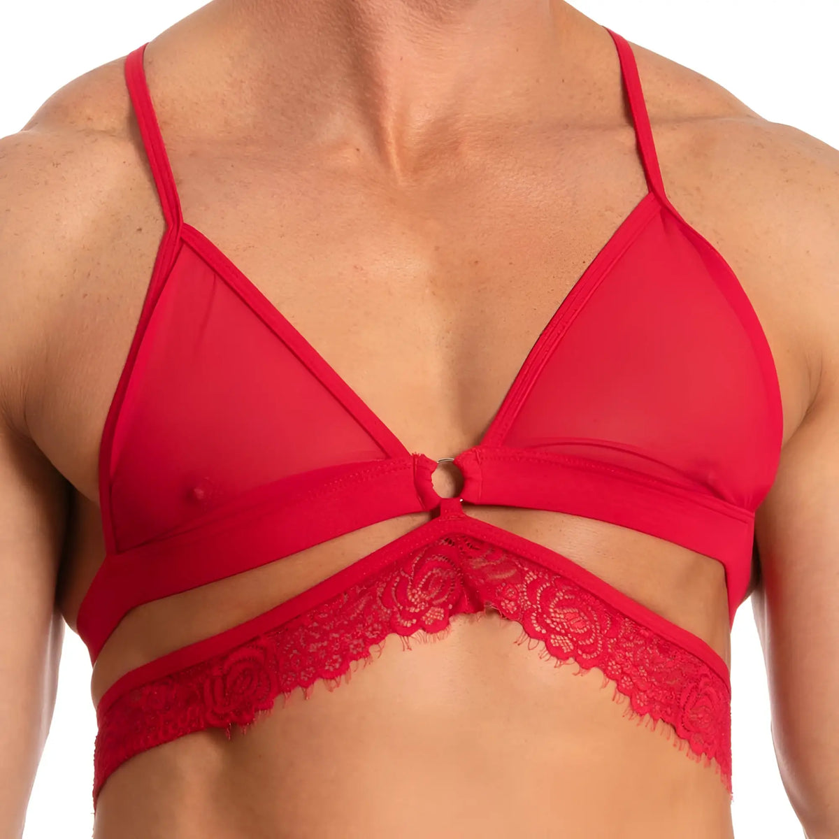 Red lace-trimmed bra with central ring detail and sheer mesh panels from secret male sma017 tops and bras collection