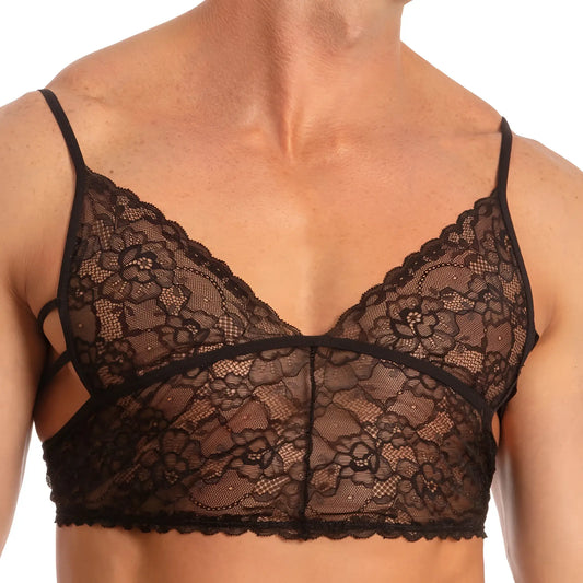 Black floral lace bra with intricate patterns and thin straps from Secret Male SMA018 tops and bras collection