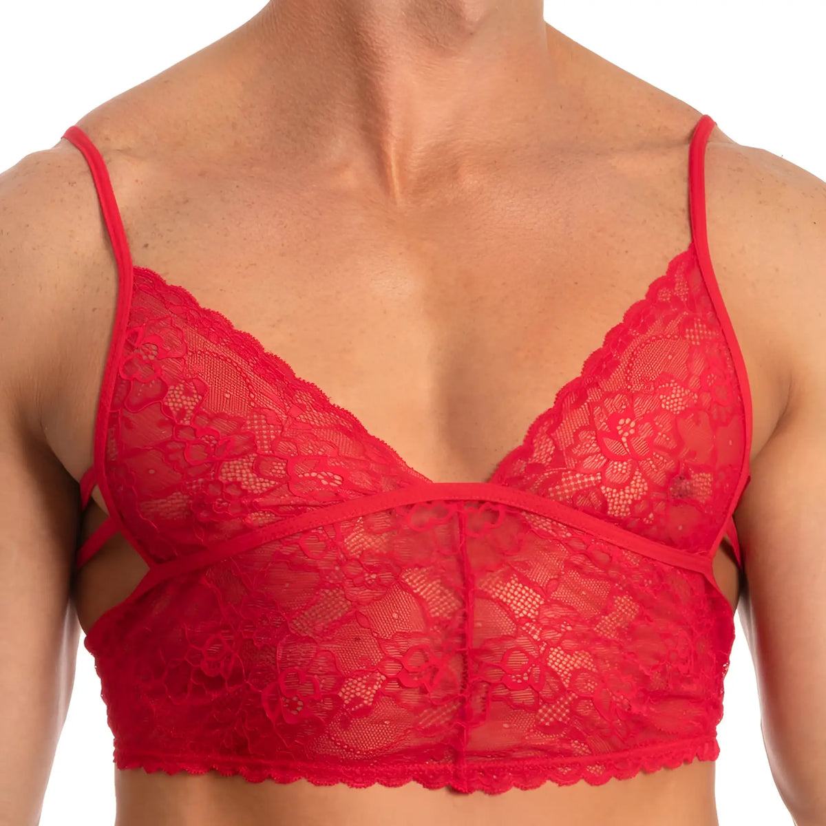 Red lace bra with delicate floral patterns and thin straps from secret male SMA018 tops and bras collection