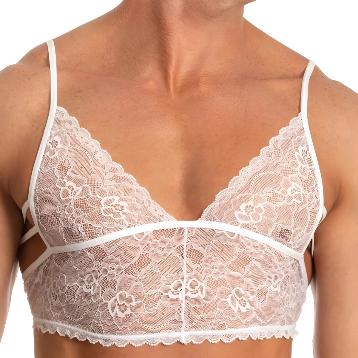 White floral lace bra with delicate spaghetti straps and supportive underwire band from secret male sma018 tops and bras
