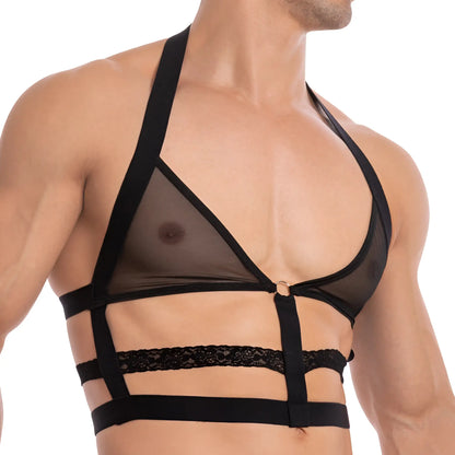 Black sheer mesh harness top with lace trim and adjustable straps from secret male sma019 tops and bras collection