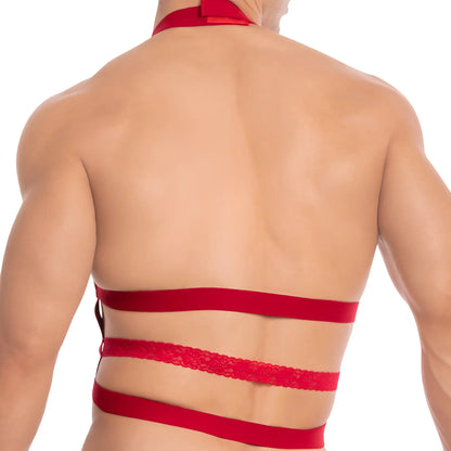 Red lace and satin strap harness from secret male sma019 tops and bras featuring intricate detailing