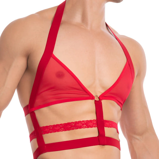Red sheer lace-trimmed harness-style top from secret male sma019 featuring delicate lace and bold straps
