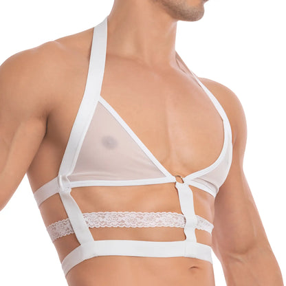 White lace-trimmed halter top with sheer mesh panels and adjustable straps from secret male sma019 tops and bras