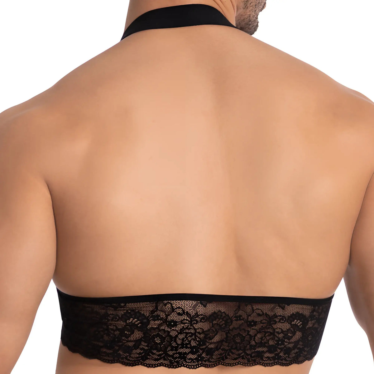 Black lace halter top with intricate floral patterns and smooth elastic band from secret male sma021 tops and bras collection