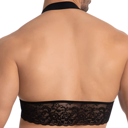 Black lace halter top with intricate floral patterns and smooth elastic band from secret male sma021 tops and bras collection