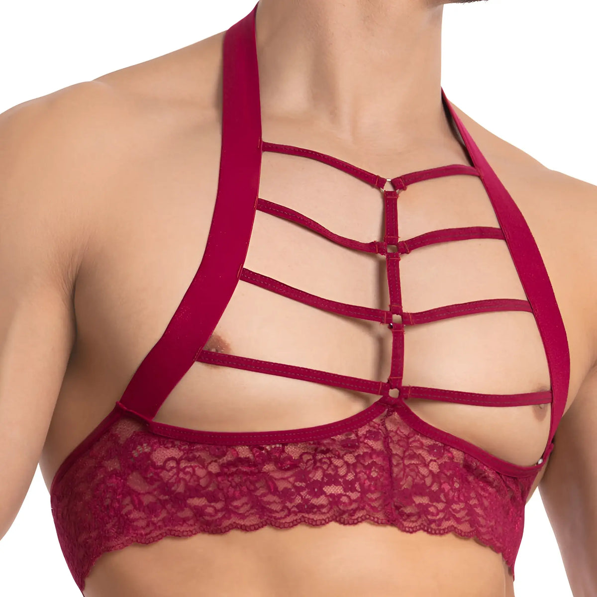 A deep red lace halter top with crisscross straps and floral embroidery from Secret Male SMA021 tops and bras