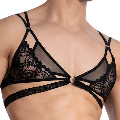 Black lace and mesh triangle bra with delicate floral patterns from secret male sma024 tops and bras collection