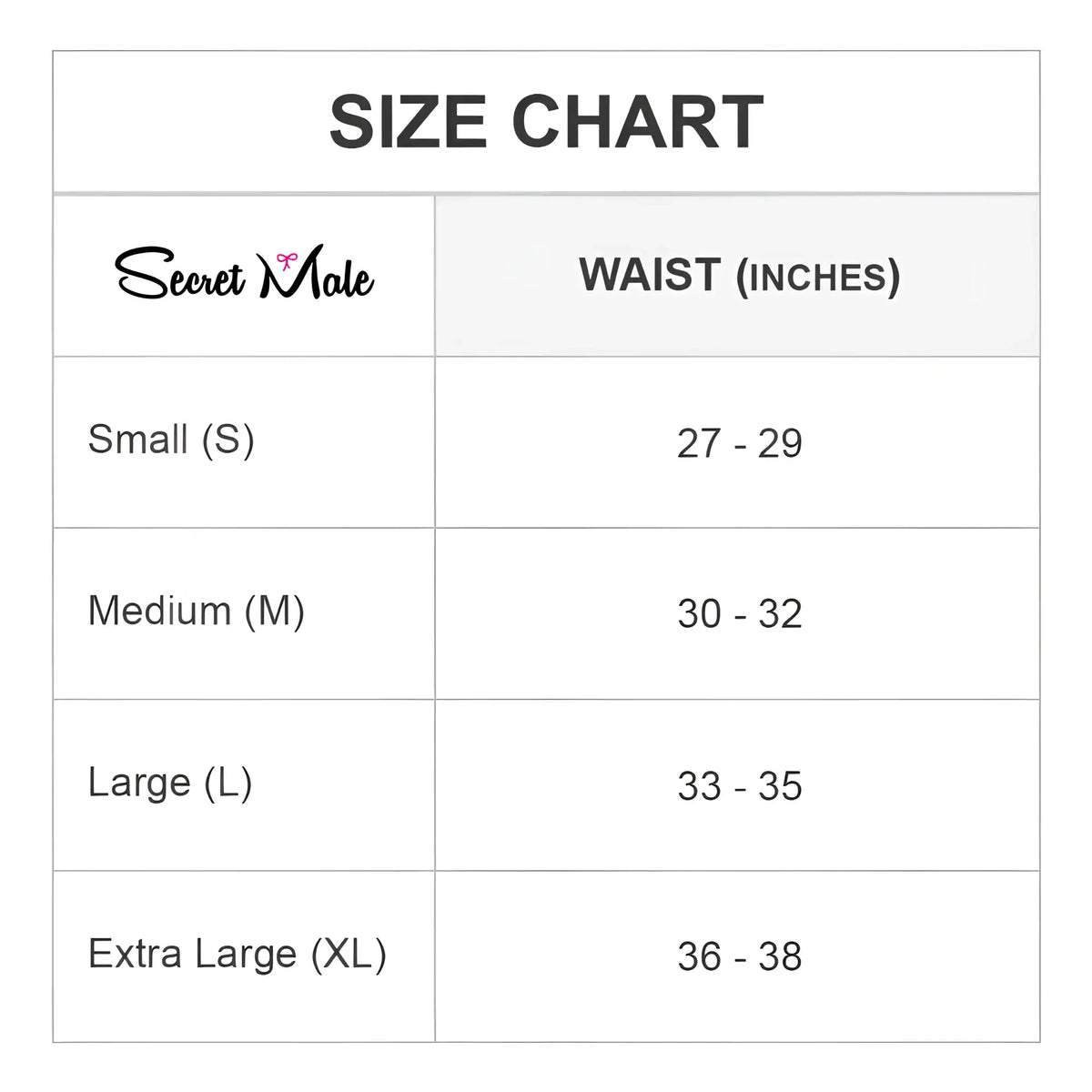 Secret male SMA024 tops and bras size chart showing waist measurements for small medium large and extra large sizes