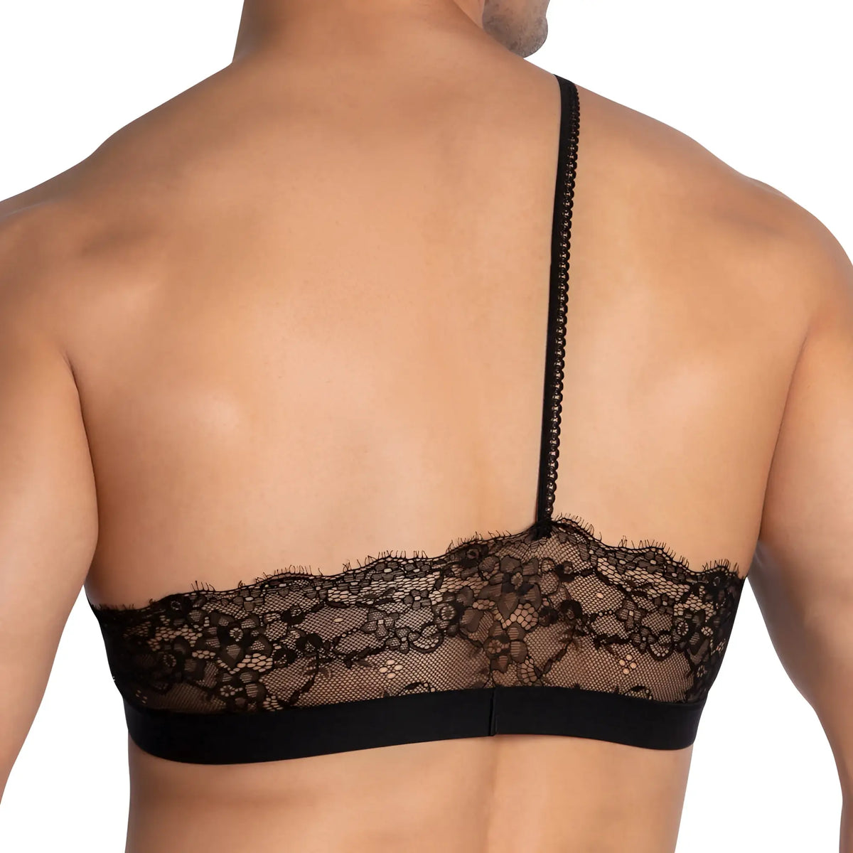 Black lace bra with delicate floral patterns and solid band from Secret Male SMA025 tops and bras collection