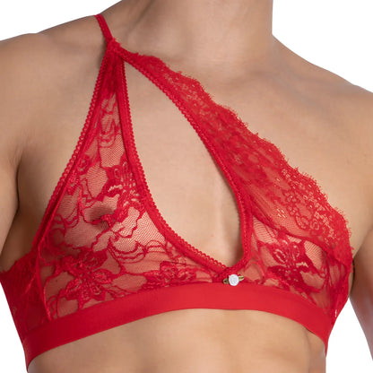 Red lace bra with floral patterns and a solid red band from secret male sma025 tops and bras collection