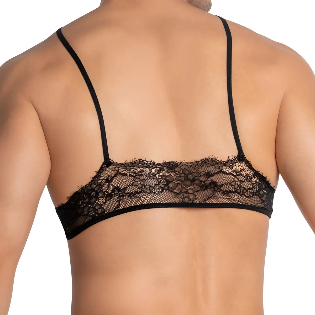 Black lace bra with delicate floral patterns and thin straps from secret male SMA026 tops & bras collection