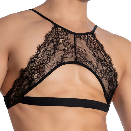 Black lace halter top secret male sma026 with intricate floral patterns and solid black chest band