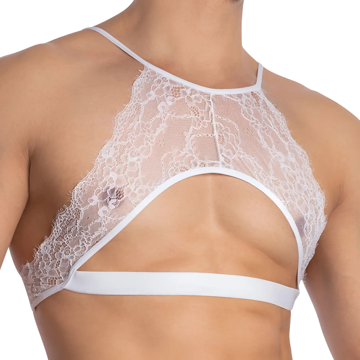 White lace halter top with sheer mesh and wide supportive band from secret male sma026 tops and bras collection