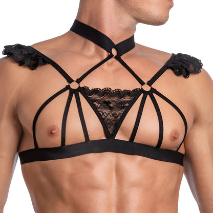 Black lace and satin harness top with ruffled shoulder accents from secret male sma027 tops and bras collection