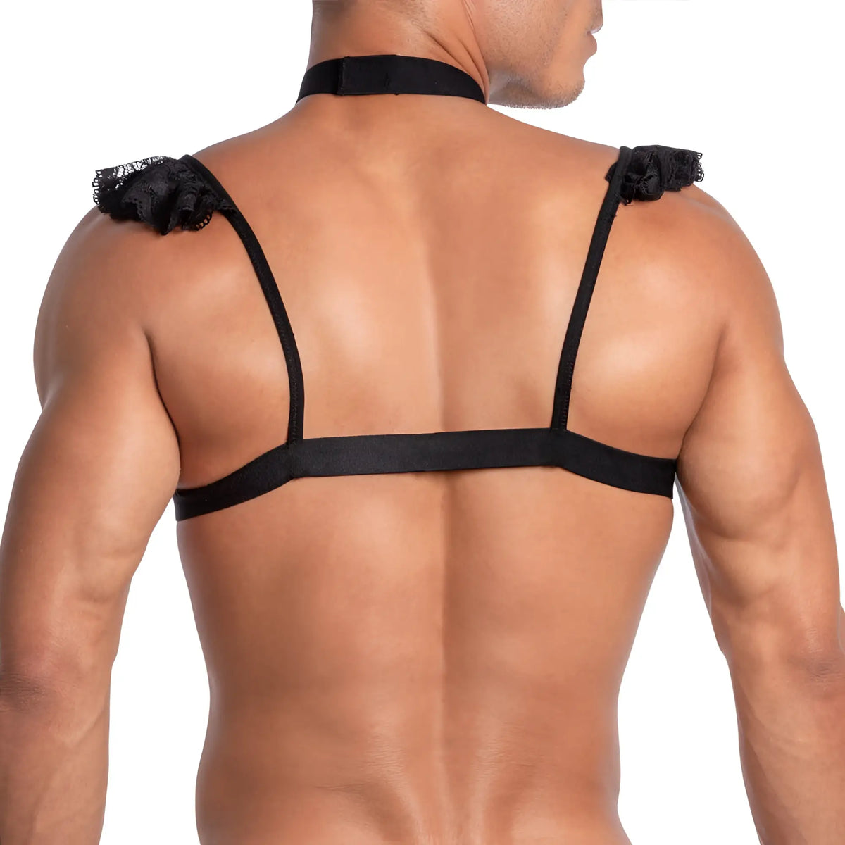 Black lace-trimmed shoulder harness with adjustable straps from secret male sma027 tops and bras
