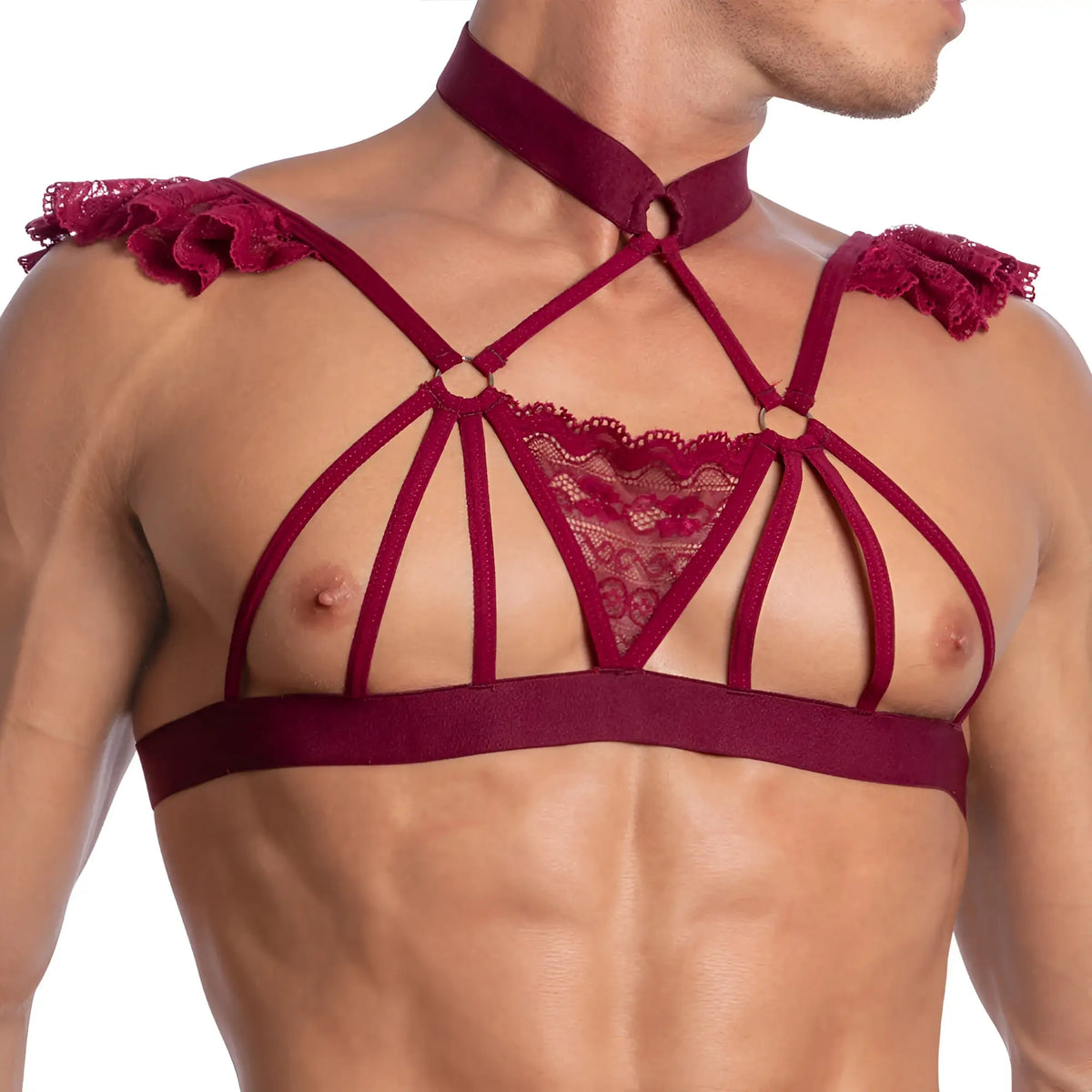 A maroon lace and suede strappy harness top with ruffled shoulder accents from Secret Male SMA027 tops and bras