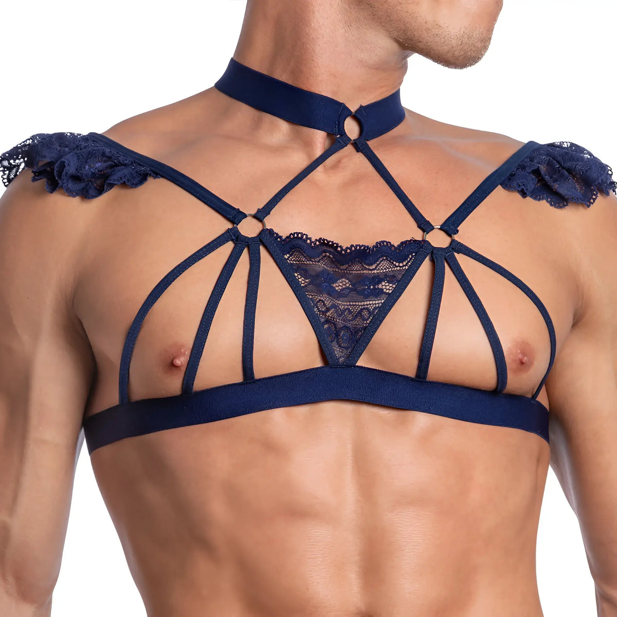 Navy blue lace strappy harness top with ruffled shoulders from Secret Male SMA027 tops and bras collection