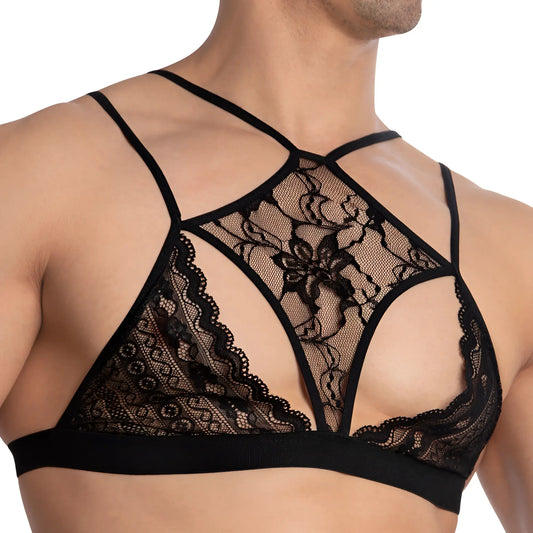 Black lace bra with intricate floral patterns and thin straps from secret male sma028 tops and bras collection