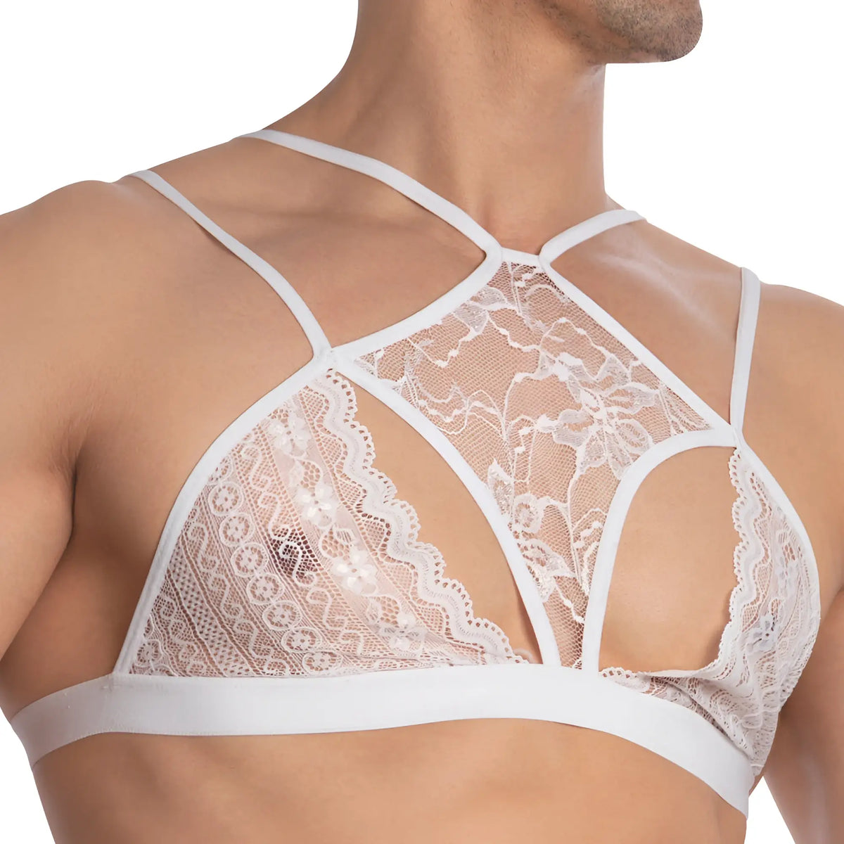 White lace bra with intricate floral patterns and thin adjustable straps from secret male sma028 tops and bras collection