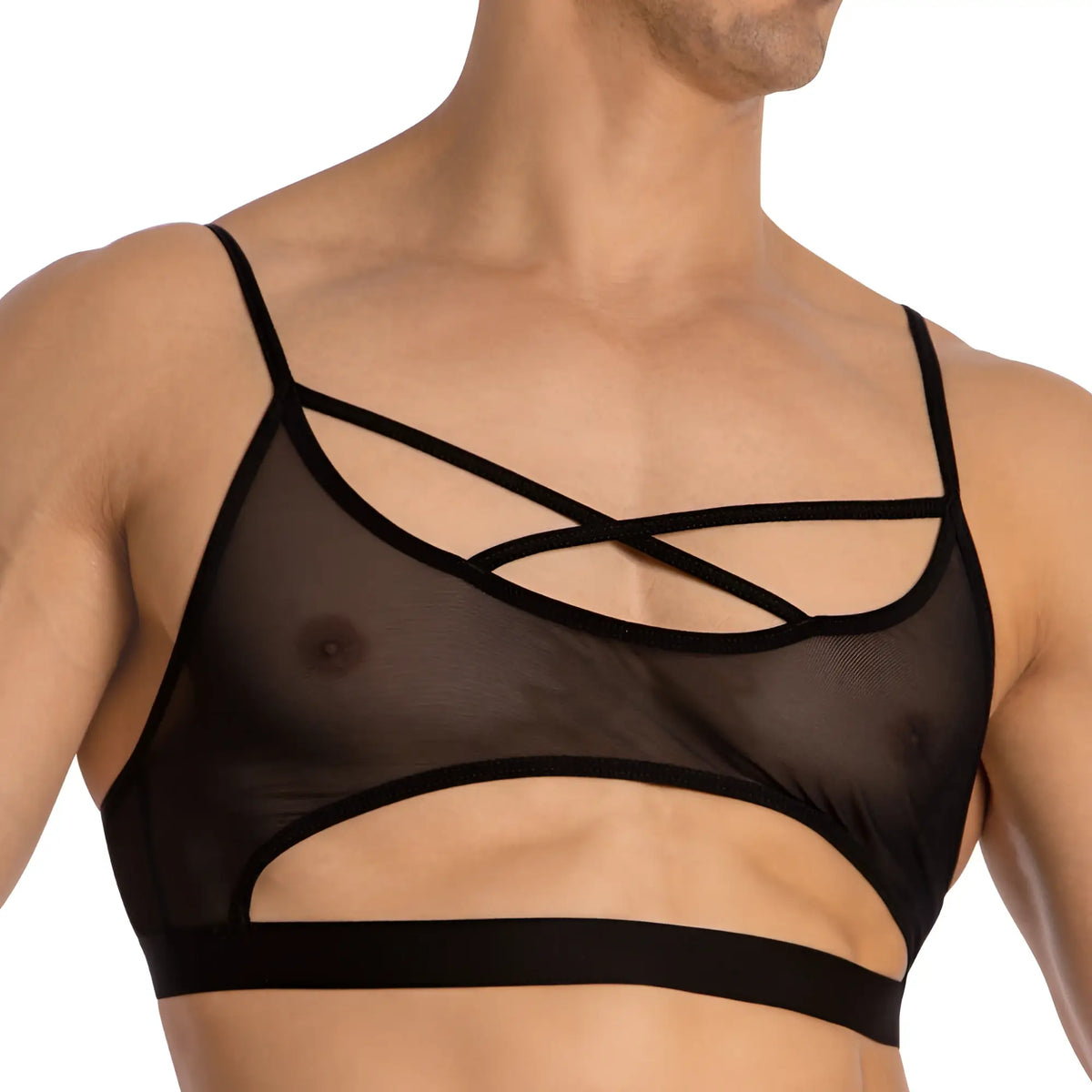 Black sheer mesh bra with bold straps and cutout design from secret male sma029 tops and bras collection